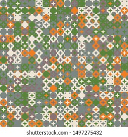 Seamless pattern. Circles, four-beam stars and squares form a variegated, checkered pattern. Chaotic coloring. Harmonious colors.