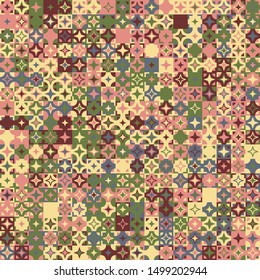 Seamless pattern. Circles, four-beam stars and squares form a motley background. Chaotic coloring. Harmonious colors.