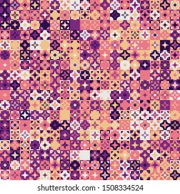 Seamless pattern. Circles, four-beam stars and squares form a motley background. Chaotic coloring. Harmonious colors.