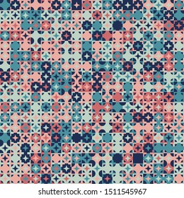Seamless pattern. Circles, four-beam stars and squares form a variegated, checkered pattern. Chaotic coloring. Harmonious colors.