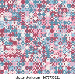 Seamless pattern. Circles, four-beam stars and squares form a variegated, checkered pattern. Chaotic coloring. Harmonious colors. The ragged surface of the painting.