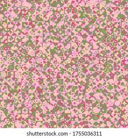 Patrón sin foco. Los círculos, las estrellas de cuatro vigas y los cuadrados divididos en fragmentos forman un fondo variado. Colores caóticos. Colores armoniosos.