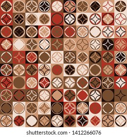 Seamless pattern. Circles and four-pointed stars on a checkered texture background. Chaotic colored elements.