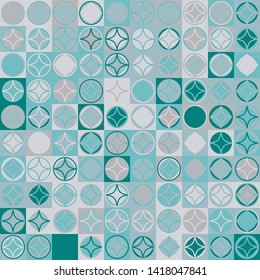 Seamless pattern. Circles and four-pointed stars on a checkered texture background. Chaotic colored elements.