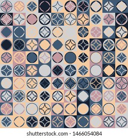 Seamless pattern. Circles and four-pointed stars on a checkered texture background. Chaotic colored elements.