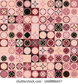 Seamless pattern. Circles and four-pointed stars on a checkered texture background. Chaotic colored elements.