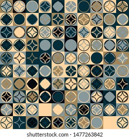 Seamless pattern. Circles and four-pointed stars on a checkered texture background. Chaotic colored elements.