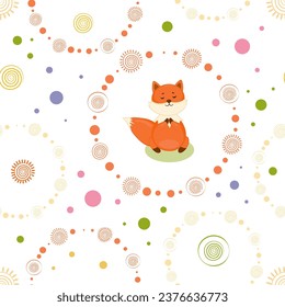 Seamless pattern with circles and fox making yoga. Nature and healthy life style design.