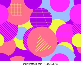 Seamless pattern with circles. Futurism retro background in style 1980s. Retrowave. Vector illustration
