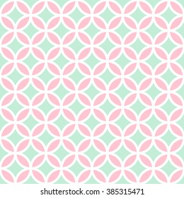 Seamless pattern with circles. Geometric background in white, pink and mint colors. Vector illustration. Good for wrapping paper, web page background, party invitation, greeting card, textile.