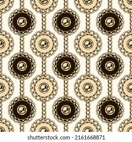 Seamless pattern with circles with gold chains, beads. Vertical lined up elements on a beige background. Pastel noble colors.