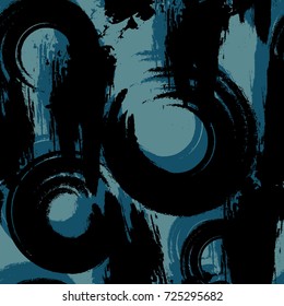 Seamless pattern circles with grunge effect. Black color and blue