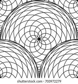 Seamless pattern from circles of intertwined fine lines. Monochrome simple background. Vector illustration