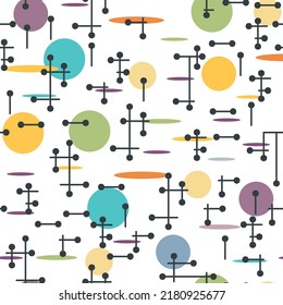 Seamless pattern with circles, lines and dots. Retro, vintage style. Vector illustration.