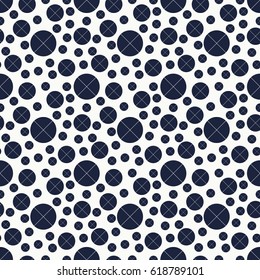 Seamless pattern of circles. Monochrome minimalist background with randomly disposed spots. Simple texture from different circles. Blue and white color.
