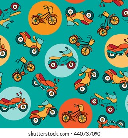 Seamless pattern with circles and motorcycles. Urban transport on turquoise background with colorful circles.