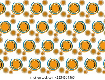seamless pattern with circles, orange  blue and white pattern with repeat seamless spiral hand drawing on white background