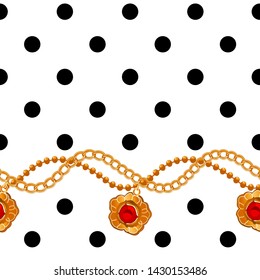 Seamless pattern. Circles ornament. Dots motif. Figures background. Cloth background white circles and golden chains