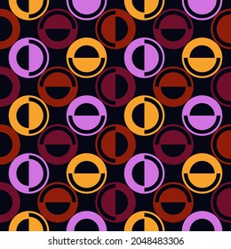 Nahtloses Muster. Kreise Ziergegenstände. Geometrischer Hintergrund. Ethnische Tapete. Polka dots motif. Geometrischer Hintergrund. Zeitgenössisches Digitalpapier. Folk-Design. Tribal-Stoffdruck. Vektorbild