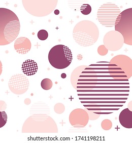 Patrón sin problemas con círculos. Círculos rosados y morados. El estilo Memphis. Fondo blanco. Figura geométrica. Ilustración vectorial sin foco con formas geométricas rosadas y púrpura. Impresión en tejidos. 