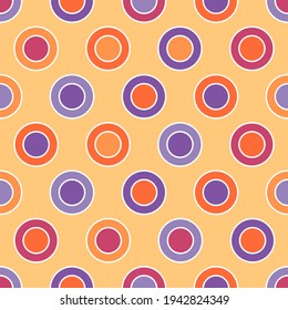 Seamless pattern with circles and rings of different pastel colors. Abstract geometric shapes texture. Minimalistic composition for textile, web design, cards, background. Vector illustration