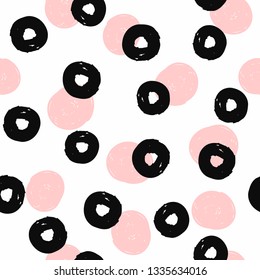 Seamless pattern with circles and round spots drawn by rough brush. Sketch, watercolor, grunge print. Girly vector illustration.