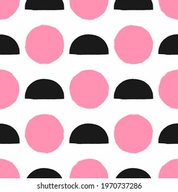 Seamless pattern with circles and semicircles drawn by hand with a rough brush. Girly print with repeating geometric shapes. Grunge, watercolor, paint. Stylish vector illustration.