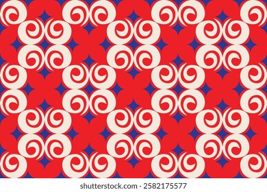 Seamless pattern with circles and spirals in red and blue colors. Abstract line shape flowers geometric motif basic pattern continuous background. Oriental-style damask floral tile modern fabric