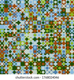 Seamless pattern. Circles and squares built in rows. Chaotic motley coloring. Harmonious colors.