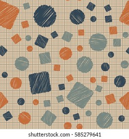 Seamless pattern of circles and squares. Net and cellular background. Pencil shading. Children's drawing. Flat.