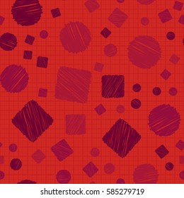 Seamless pattern of circles and squares. Net and cellular background. Pencil shading. Children's drawing. Flat.