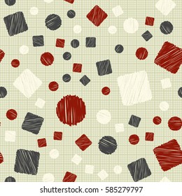Seamless pattern of circles and squares. Net and cellular background. Pencil shading. Children's drawing. Flat.
