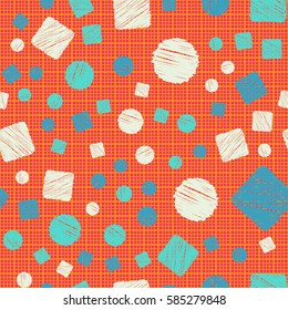 Seamless pattern of circles and squares. Net and cellular background. Pencil shading. Children's drawing. Flat.