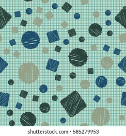 Seamless pattern of circles and squares. Net and cellular background. Pencil shading. Children's drawing. Flat.