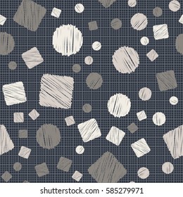Seamless pattern of circles and squares. Net and cellular background. Pencil shading. Children's drawing. Flat.