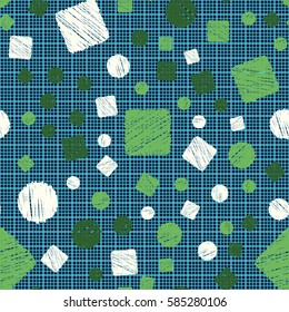 Seamless pattern of circles and squares. Net and cellular background. Pencil shading. Children's drawing. Flat.