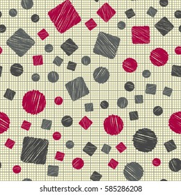 Seamless pattern of circles and squares. Net and cellular background. Pencil shading. Children's drawing. Flat.