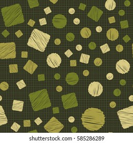 Seamless pattern of circles and squares. Net and cellular background. Pencil shading. Children's drawing. Flat.