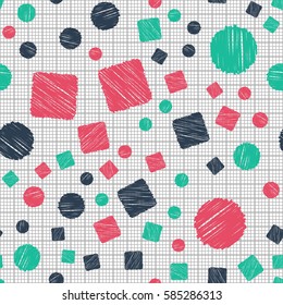 Seamless pattern of circles and squares. Net and cellular background. Pencil shading. Children's drawing. Flat.