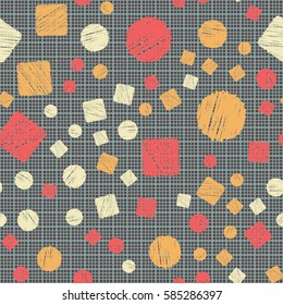 Seamless pattern of circles and squares. Net and cellular background. Pencil shading. Children's drawing. Flat.