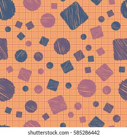 Seamless pattern of circles and squares. Net and cellular background. Pencil shading. Children's drawing. Flat.
