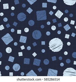 Seamless pattern of circles and squares. Net and cellular background. Pencil shading. Children's drawing. Flat.