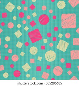 Seamless pattern of circles and squares. Net and cellular background. Pencil shading. Children's drawing. Flat.