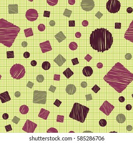 Seamless pattern of circles and squares. Net and cellular background. Pencil shading. Children's drawing. Flat.