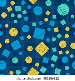 Seamless pattern of circles and squares. Net and cellular background. Pencil shading. Children's drawing. Flat.