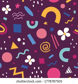 Seamless pattern with circles, squares, semicircles, flowers, triangles and waves. Vector background in a simple style. Design for wallpaper, web page background, surface textures, textile, wrapping 