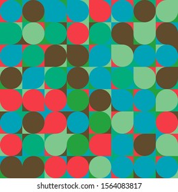 Seamless pattern - circles in squares. Smooth figures. Green, red, blue colors. Background, texture for paper, textiles, websites, applications, etc.