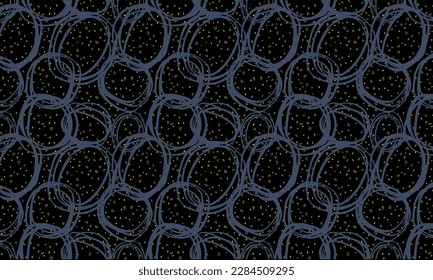 Seamless pattern with circles and stars on a black background.