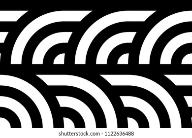 Seamless pattern with circles and striped black white straight lines. Optical illusion effect. Geometric tile in op art style. Vector illusive background for cloth, textile, print, web.