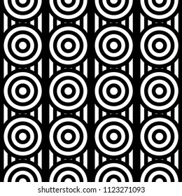 Seamless pattern with circles and striped black white straight lines. Optical illusion effect. Geometric tile in op art style. Vector illusive background for cloth, textile, print, web.